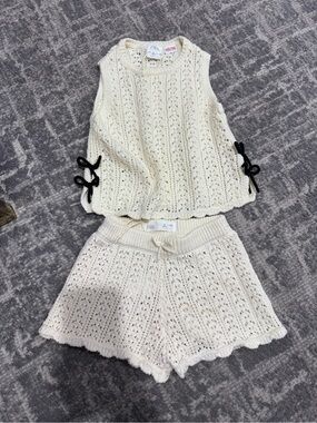 Zara Cream Openwork Knit Sleeveless Top and Shorts Set with Black Side Bows